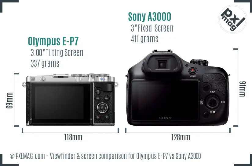 Olympus E-P7 vs Sony A3000 Screen and Viewfinder comparison