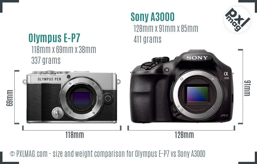 Olympus E-P7 vs Sony A3000 size comparison