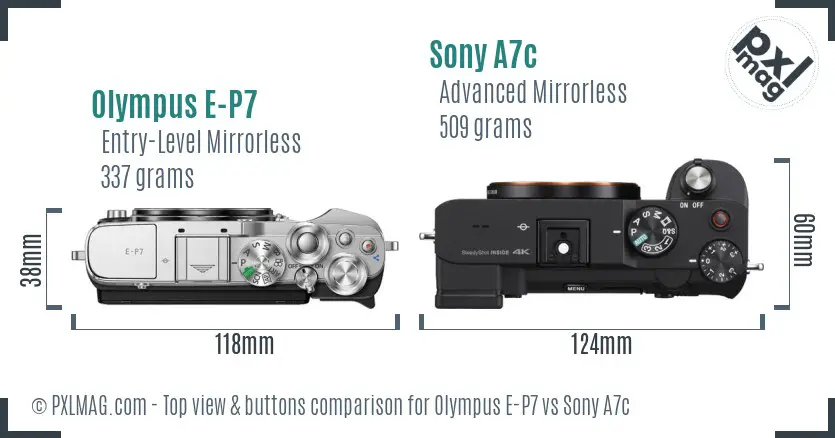 Olympus E-P7 vs Sony A7c top view buttons comparison Olympus E-P7 vs Sony A7c top view buttons comparison