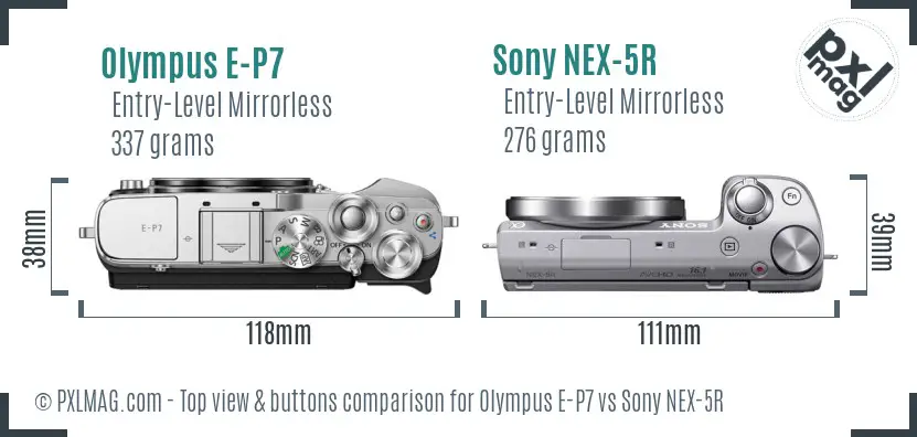 Olympus E-P7 vs Sony NEX-5R top view buttons comparison