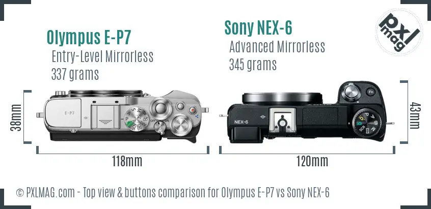Olympus E-P7 vs Sony NEX-6 top view buttons comparison