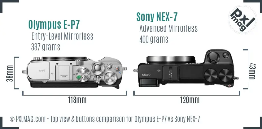 Olympus E-P7 vs Sony NEX-7 top view buttons comparison Olympus E-P7 vs Sony NEX-7 top view buttons comparison