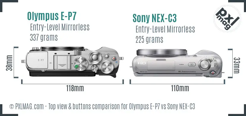 Olympus E-P7 vs Sony NEX-C3 top view buttons comparison