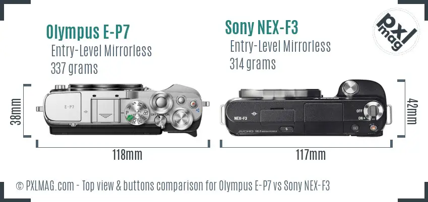 Olympus E-P7 vs Sony NEX-F3 top view buttons comparison