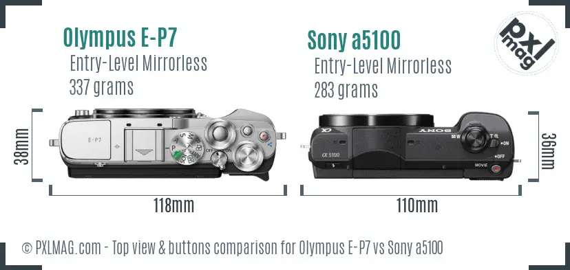 Olympus E-P7 vs Sony a5100 top view buttons comparison