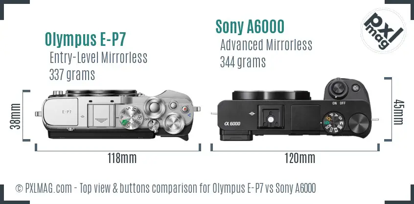 Olympus E-P7 vs Sony A6000 top view buttons comparison
