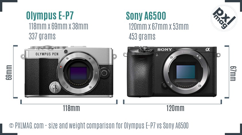 Olympus E-P7 vs Sony A6500 size comparison