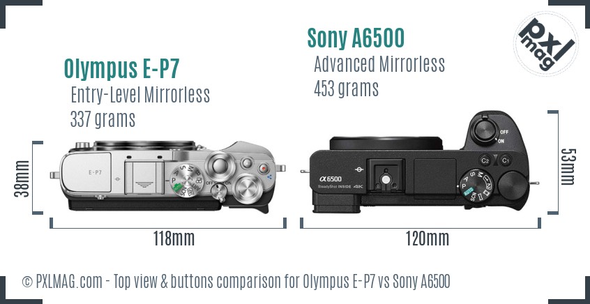 Olympus E-P7 vs Sony A6500 top view buttons comparison