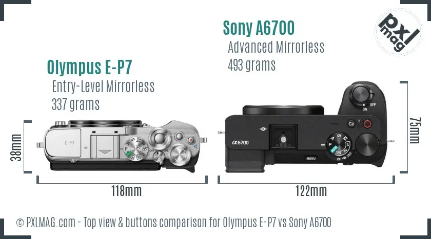 Olympus E-P7 vs Sony A6700 top view buttons comparison Olympus E-P7 vs Sony A6700 top view buttons comparison