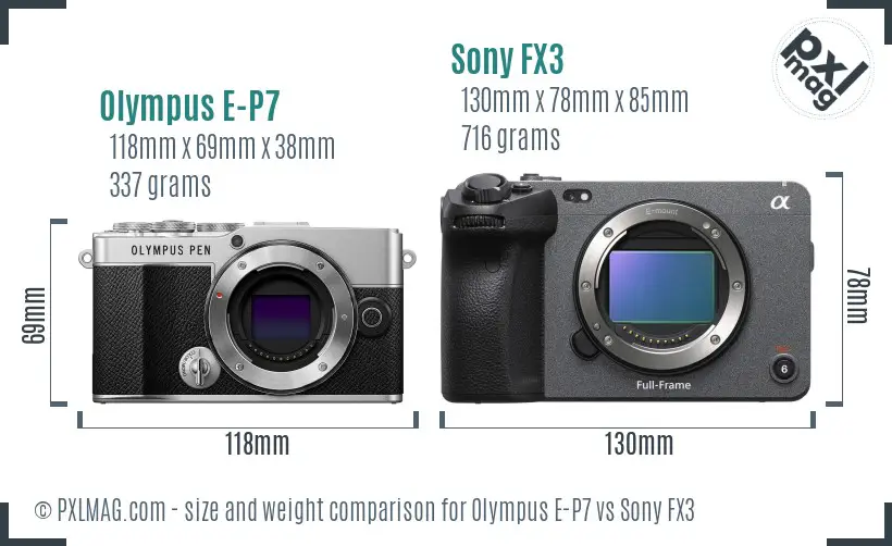 Olympus E-P7 vs Sony FX3 size comparison