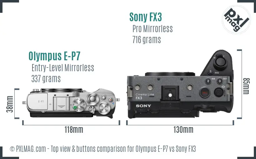 Olympus E-P7 vs Sony FX3 top view buttons comparison