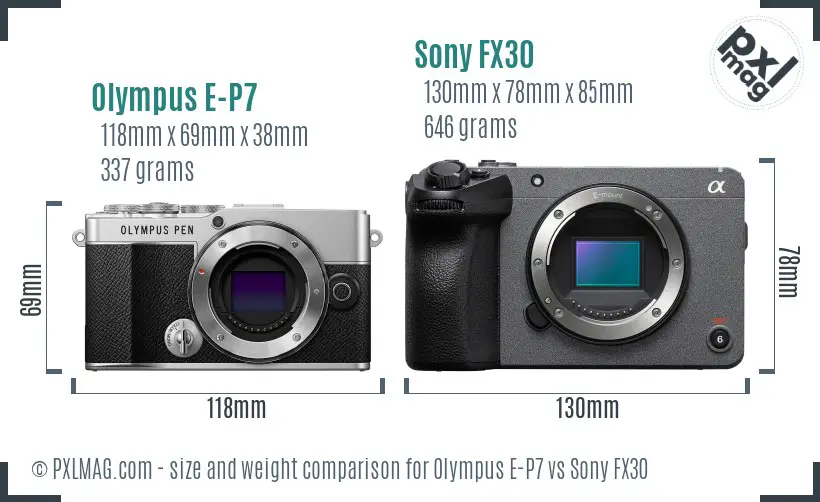 Olympus E-P7 vs Sony FX30 size comparison