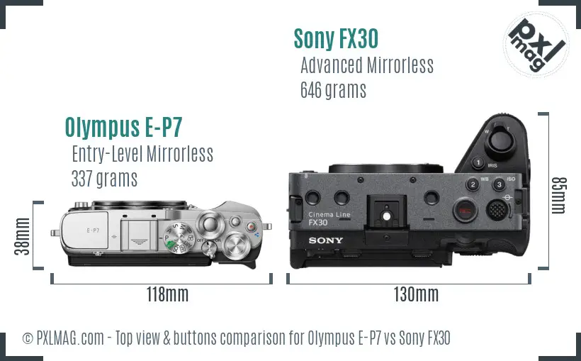 Olympus E-P7 vs Sony FX30 top view buttons comparison