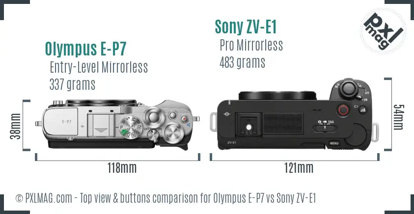 Olympus E-P7 vs Sony ZV-E1 top view buttons comparison