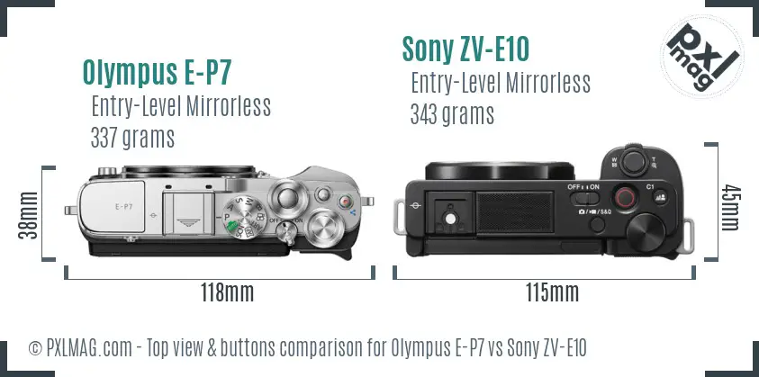 Olympus E-P7 vs Sony ZV-E10 top view buttons comparison