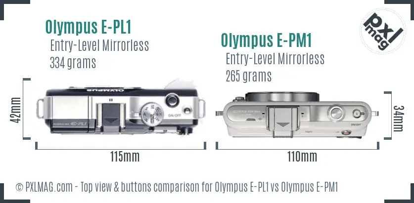 Olympus E-PL1 vs Olympus E-PM1 top view buttons comparison