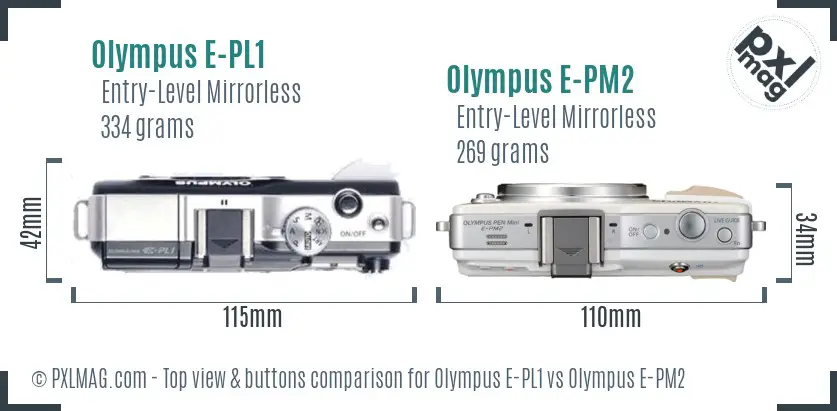 Olympus E-PL1 vs Olympus E-PM2 top view buttons comparison