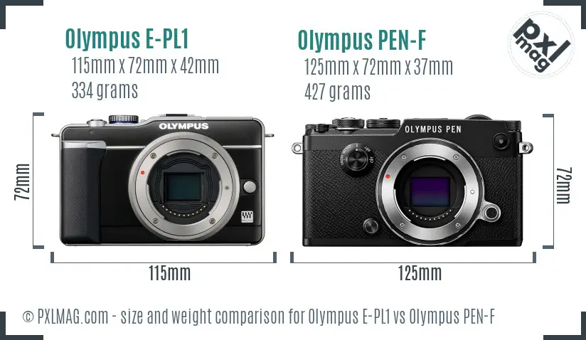 Olympus E-PL1 vs Olympus PEN-F size comparison