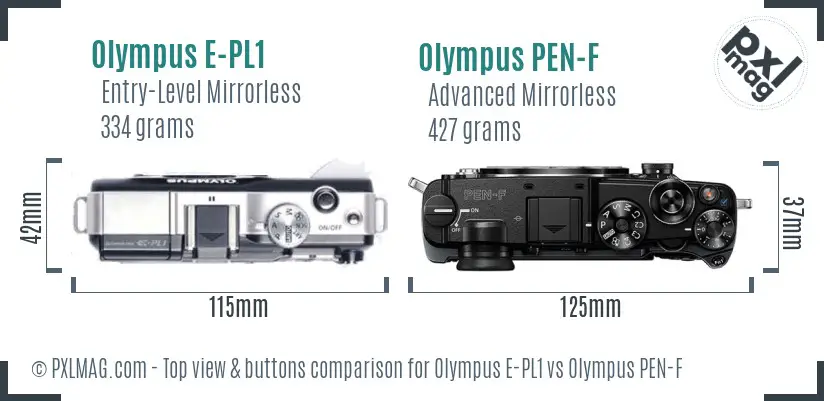 Olympus E-PL1 vs Olympus PEN-F top view buttons comparison