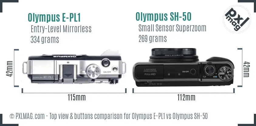 Olympus E-PL1 vs Olympus SH-50 top view buttons comparison