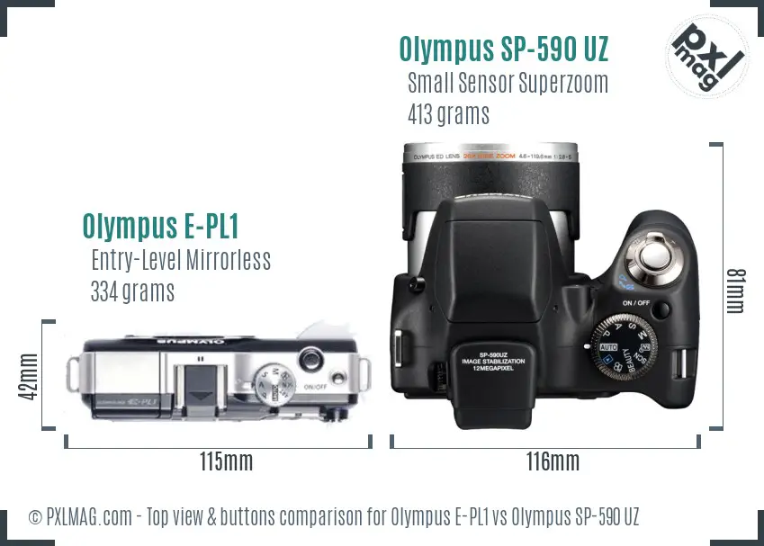 Olympus E-PL1 vs Olympus SP-590 UZ top view buttons comparison