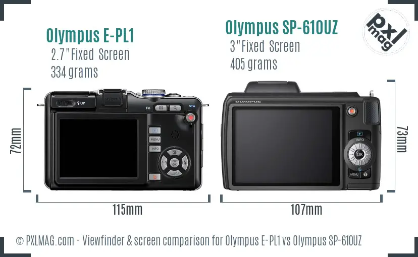 Olympus E-PL1 vs Olympus SP-610UZ Screen and Viewfinder comparison