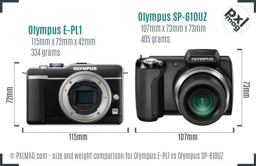 Olympus E-PL1 vs Olympus SP-610UZ size comparison