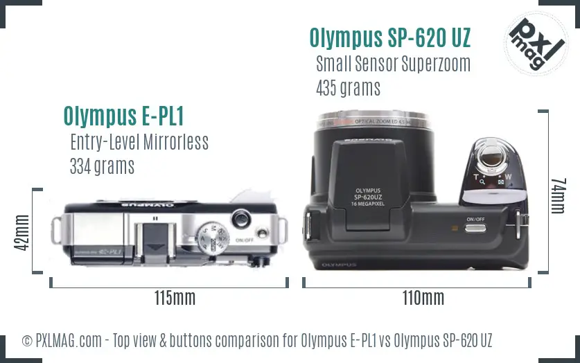 Olympus E-PL1 vs Olympus SP-620 UZ top view buttons comparison