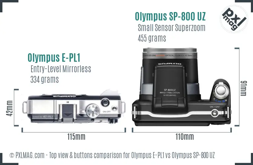 Olympus E-PL1 vs Olympus SP-800 UZ top view buttons comparison
