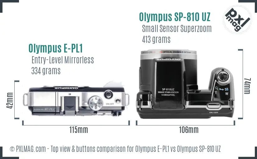 Olympus E-PL1 vs Olympus SP-810 UZ top view buttons comparison