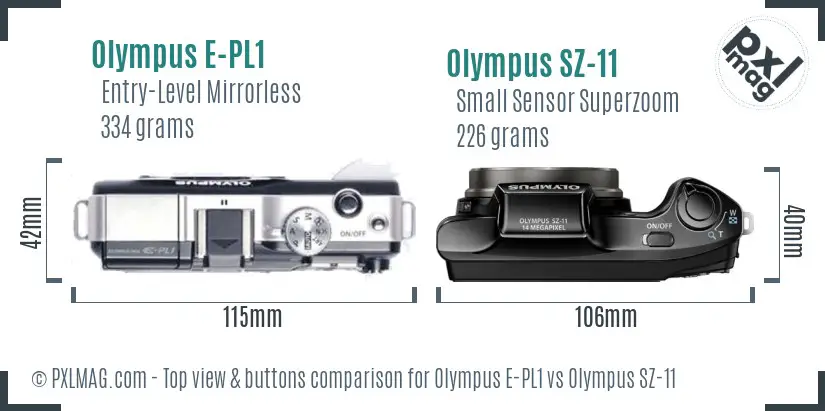 Olympus E-PL1 vs Olympus SZ-11 top view buttons comparison