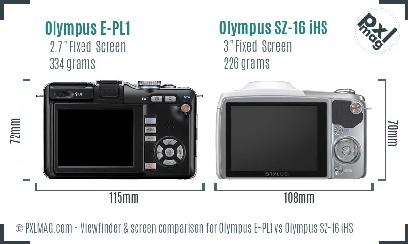 Olympus E-PL1 vs Olympus SZ-16 iHS Screen and Viewfinder comparison