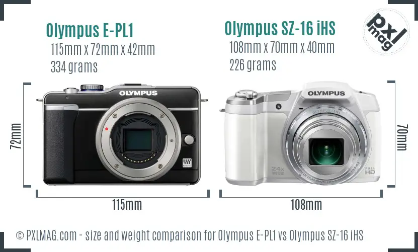 Olympus E-PL1 vs Olympus SZ-16 iHS size comparison