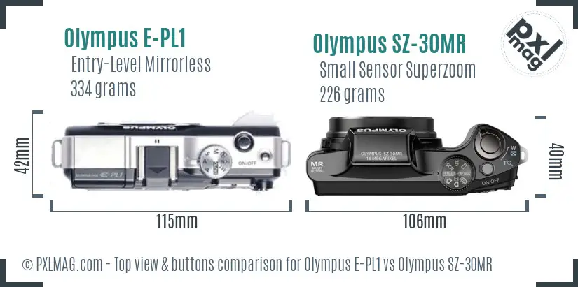 Olympus E-PL1 vs Olympus SZ-30MR top view buttons comparison