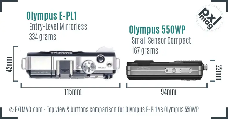 Olympus E-PL1 vs Olympus 550WP top view buttons comparison