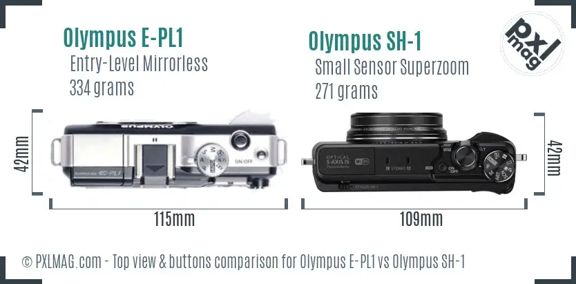 Olympus E-PL1 vs Olympus SH-1 top view buttons comparison