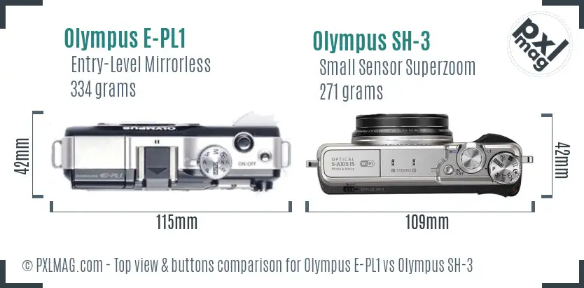 Olympus E-PL1 vs Olympus SH-3 top view buttons comparison