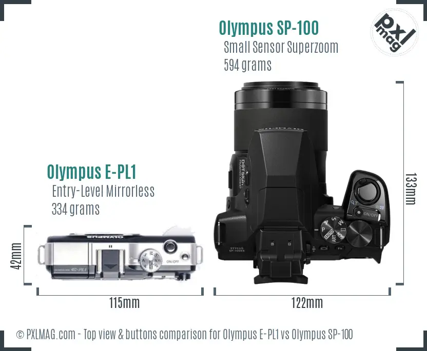 Olympus E-PL1 vs Olympus SP-100 top view buttons comparison