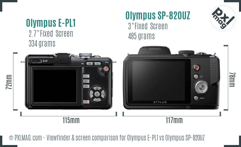 Olympus E-PL1 vs Olympus SP-820UZ Screen and Viewfinder comparison