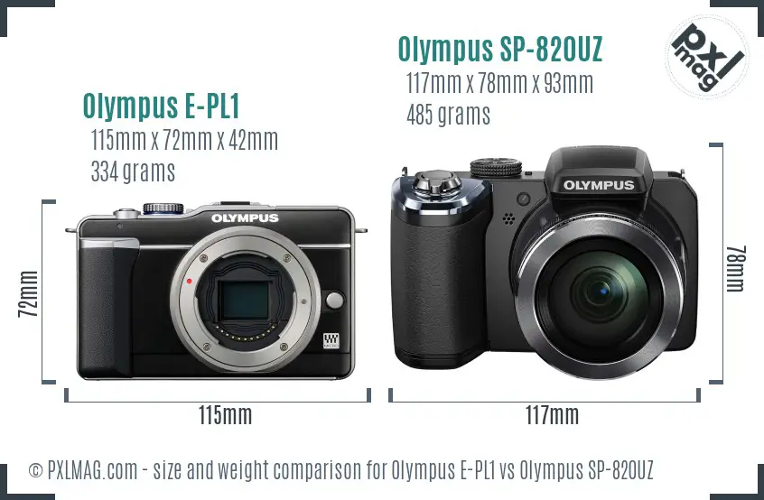 Olympus E-PL1 vs Olympus SP-820UZ size comparison