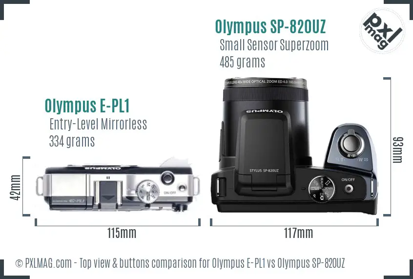 Olympus E-PL1 vs Olympus SP-820UZ top view buttons comparison