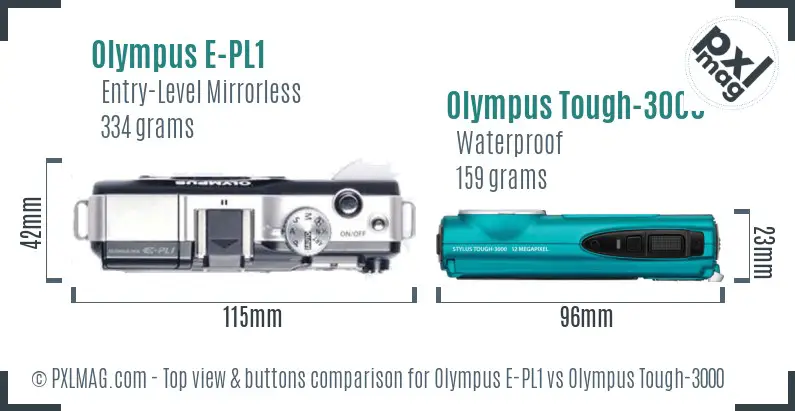 Olympus E-PL1 vs Olympus Tough-3000 top view buttons comparison