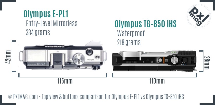 Olympus E-PL1 vs Olympus TG-850 iHS top view buttons comparison