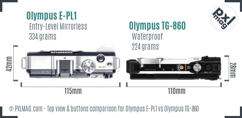 Olympus E-PL1 vs Olympus TG-860 top view buttons comparison