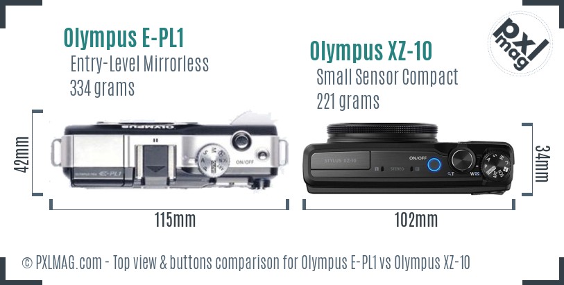 Olympus E-PL1 vs Olympus XZ-10 top view buttons comparison