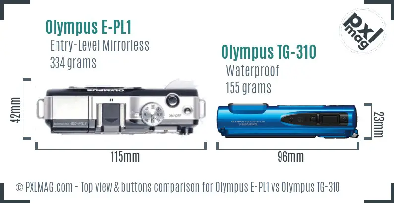 Olympus E-PL1 vs Olympus TG-310 top view buttons comparison