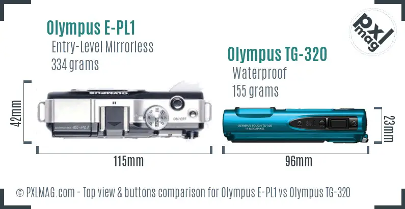 Olympus E-PL1 vs Olympus TG-320 top view buttons comparison