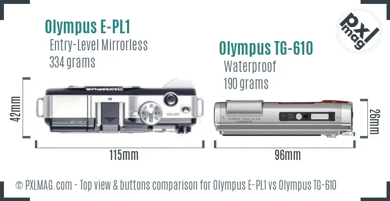 Olympus E-PL1 vs Olympus TG-610 top view buttons comparison