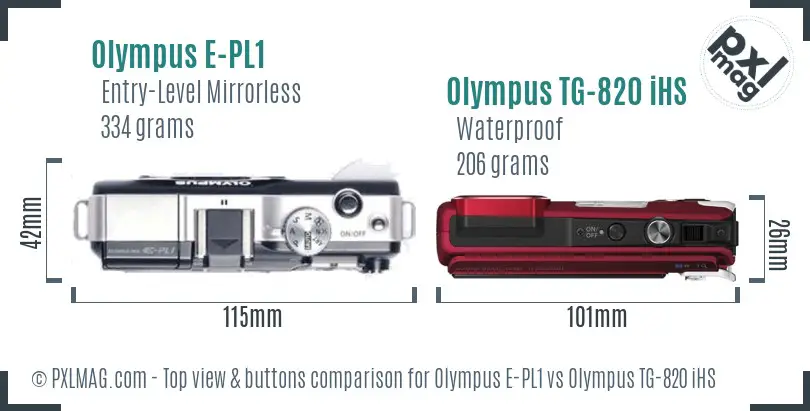 Olympus E-PL1 vs Olympus TG-820 iHS top view buttons comparison