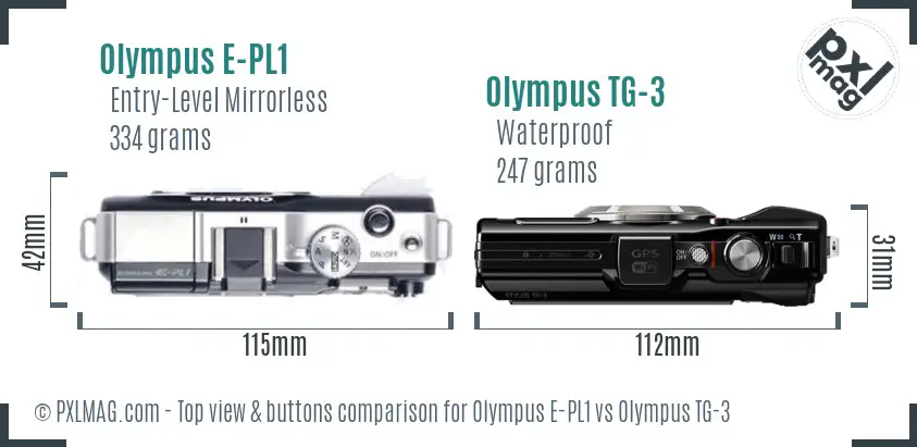 Olympus E-PL1 vs Olympus TG-3 top view buttons comparison